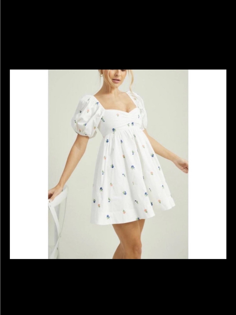 Altar'd State White Puff-Sleeve Mini Dress with Blue and Pink Floral Embroidery
